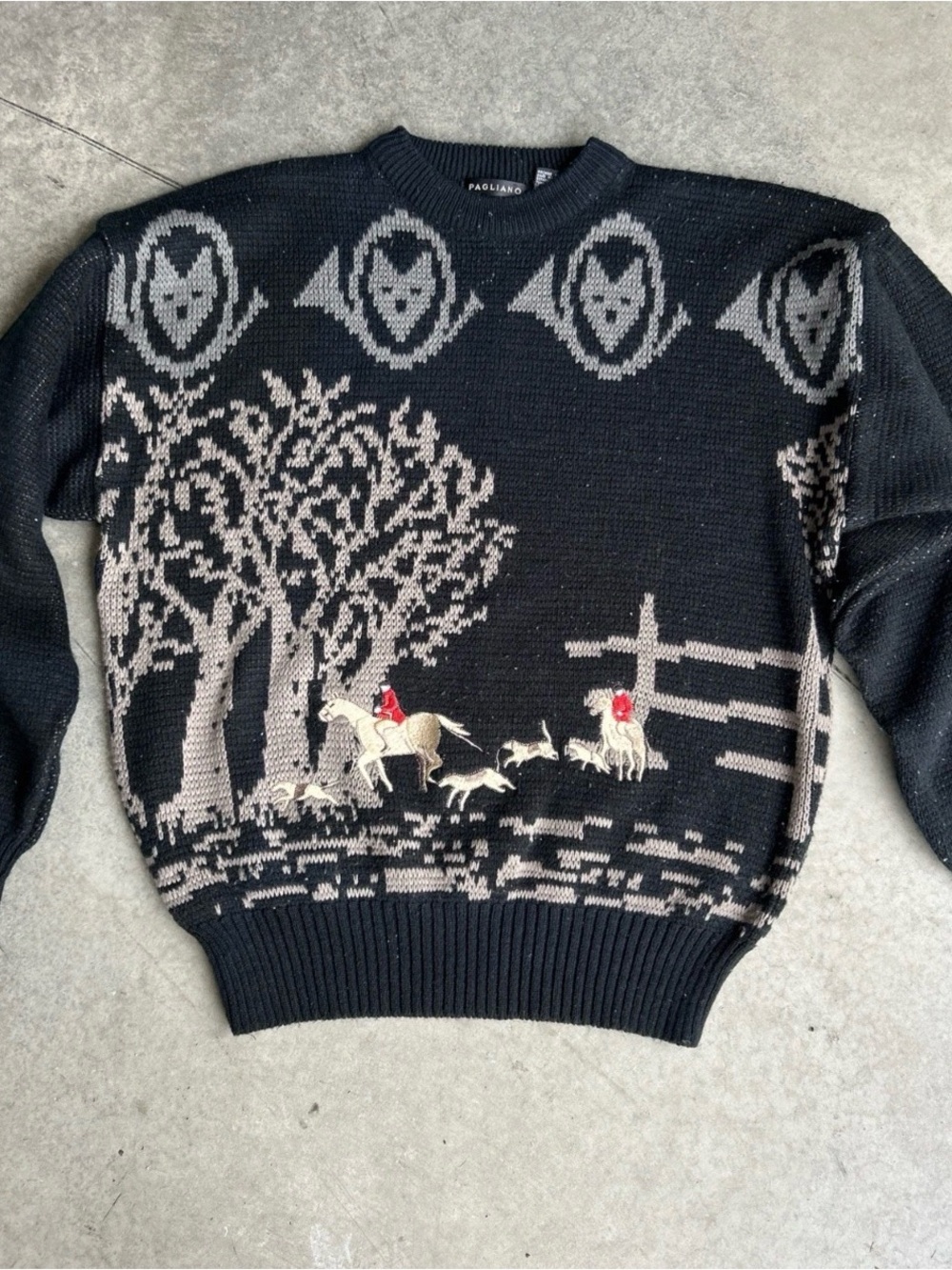 Pagliano Black Crewneck Sweater with Gray Hunting Motif